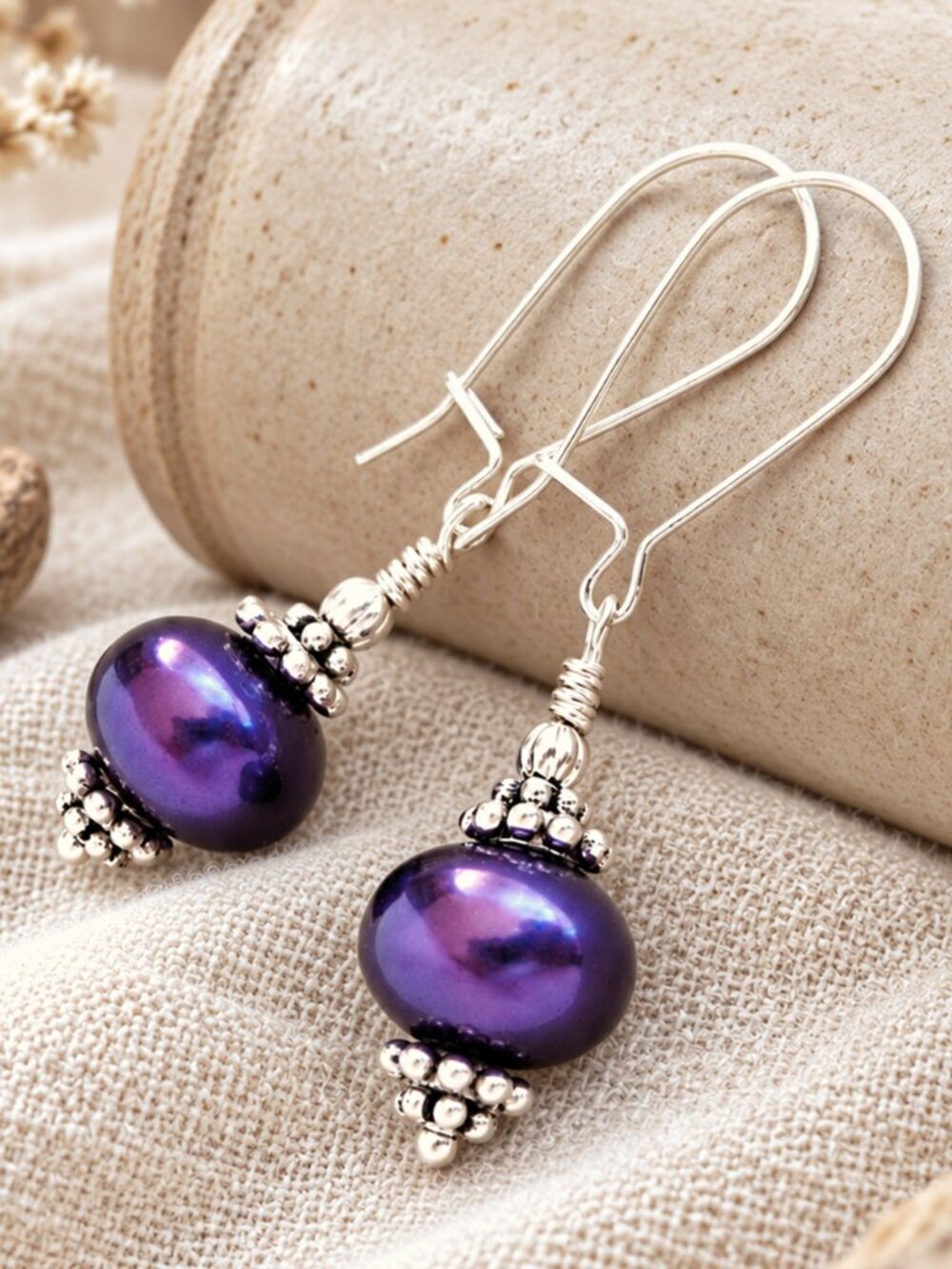 Purple Japanese Pearl Earrings Japanese Glass, 925 Sterling Silver